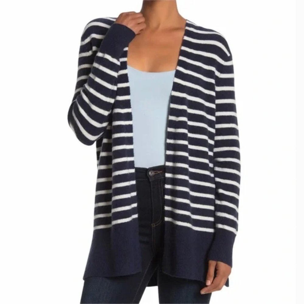 Madewell Cozy Walker Striped Cardigan Open Front Navy Blue White